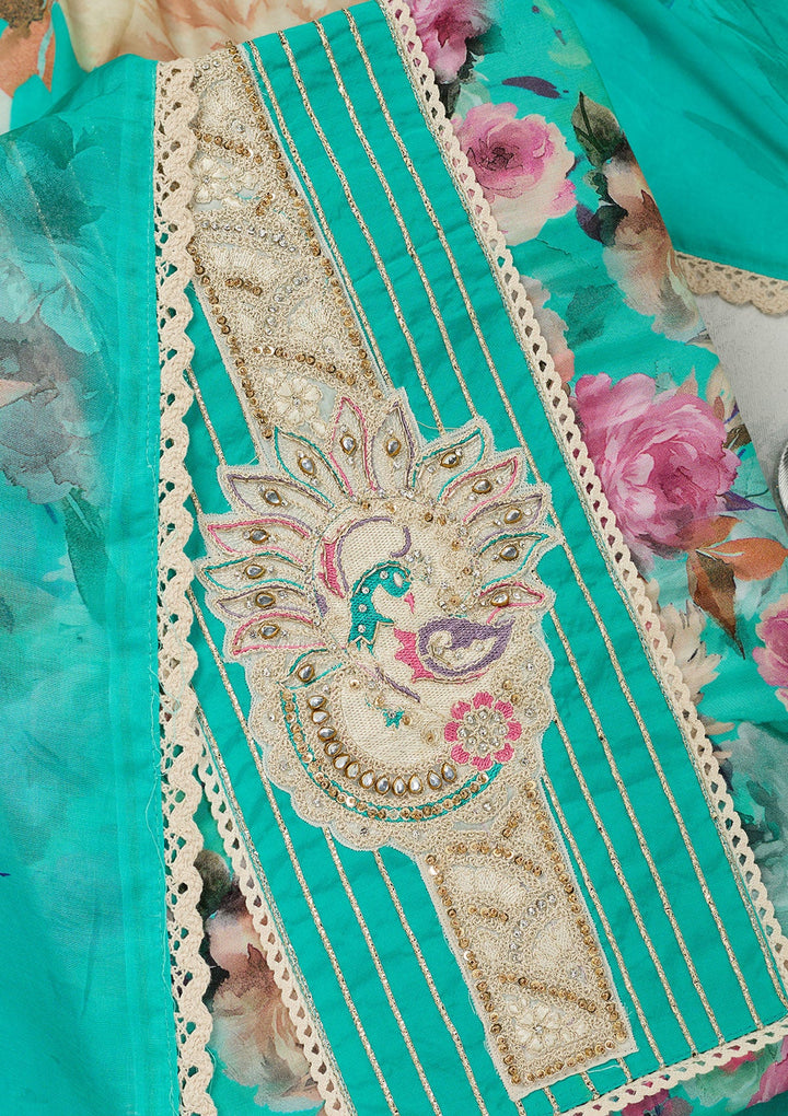 Turquoise Blue Threadwork Cotton Unstitched Salwar Suit-Koskii