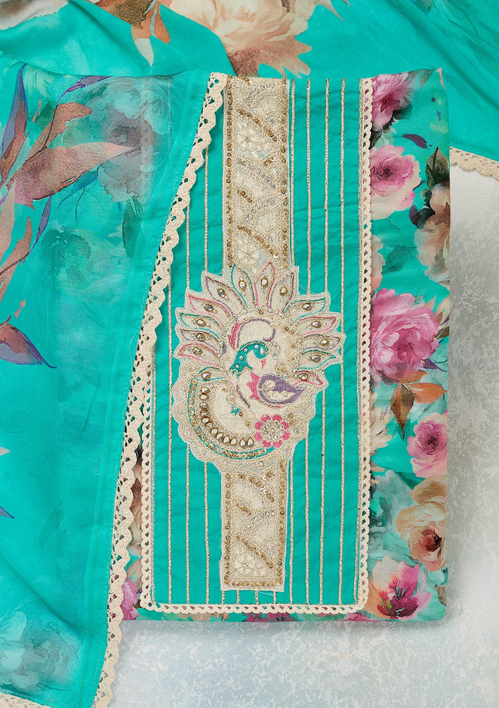 Turquoise Blue Threadwork Cotton Unstitched Salwar Suit-Koskii