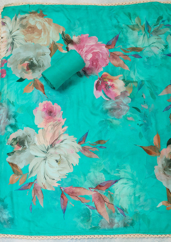 Turquoise Blue Threadwork Cotton Unstitched Salwar Suit-Koskii