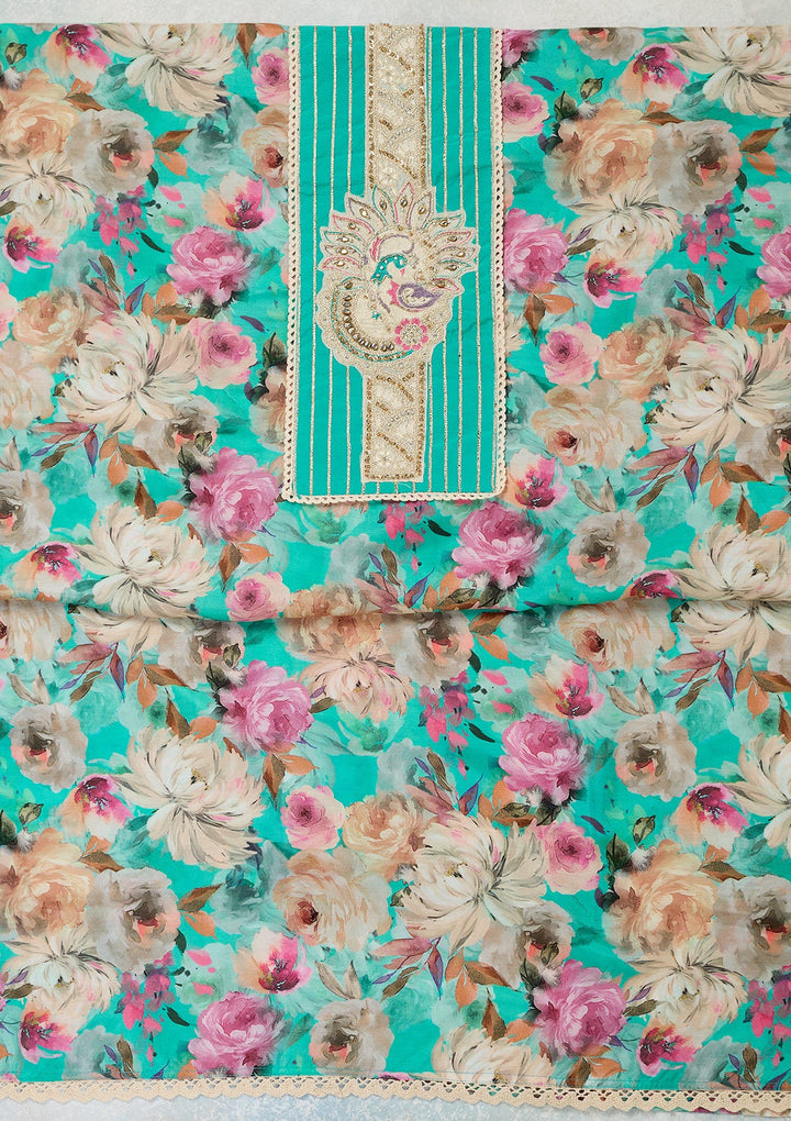 Turquoise Blue Threadwork Cotton Unstitched Salwar Suit-Koskii