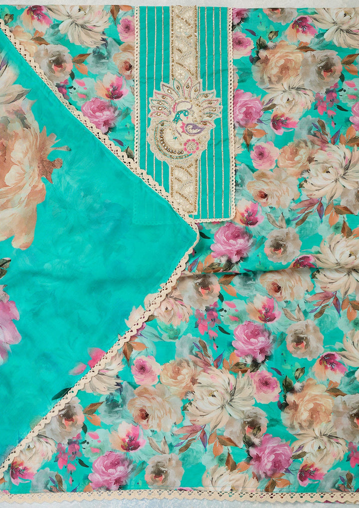 Turquoise Blue Threadwork Cotton Unstitched Salwar Suit-Koskii