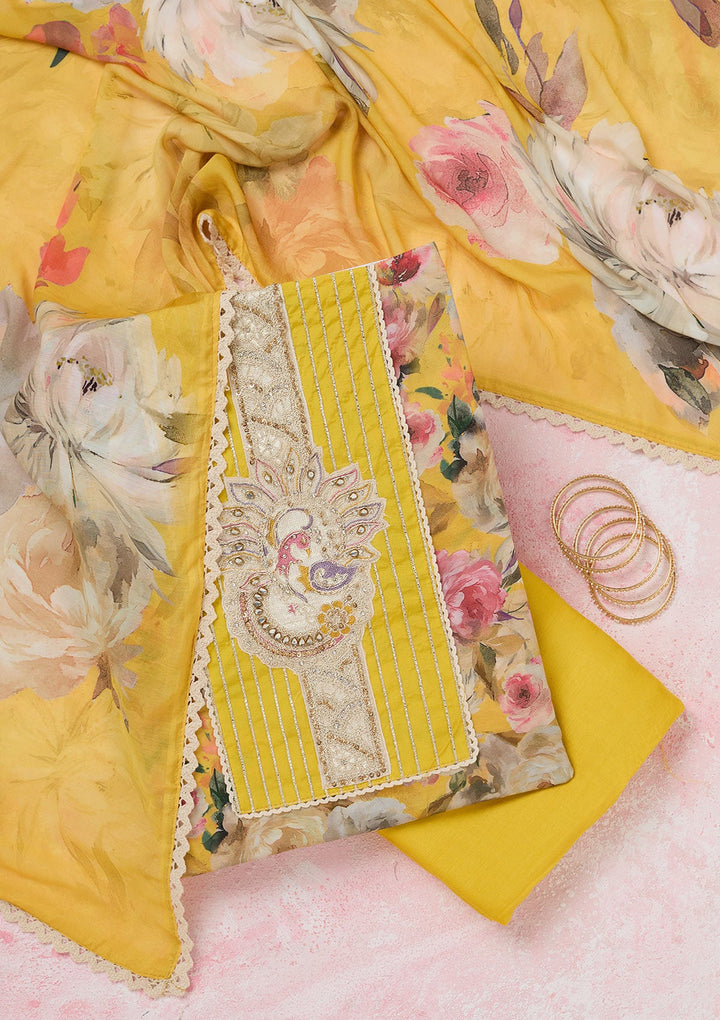 Yellow Threadwork Cotton Unstitched Salwar Suit-koskii