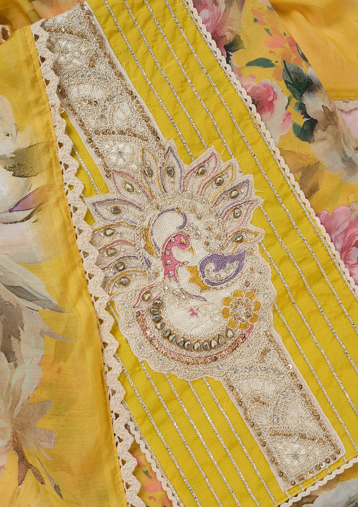 Yellow Threadwork Cotton Unstitched Salwar Suit-koskii