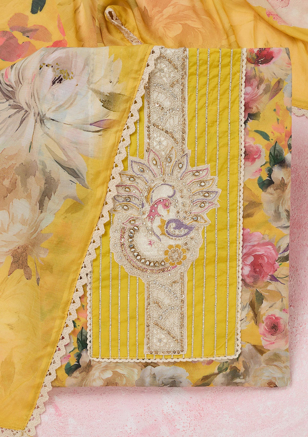 Yellow Threadwork Cotton Unstitched Salwar Suit-koskii