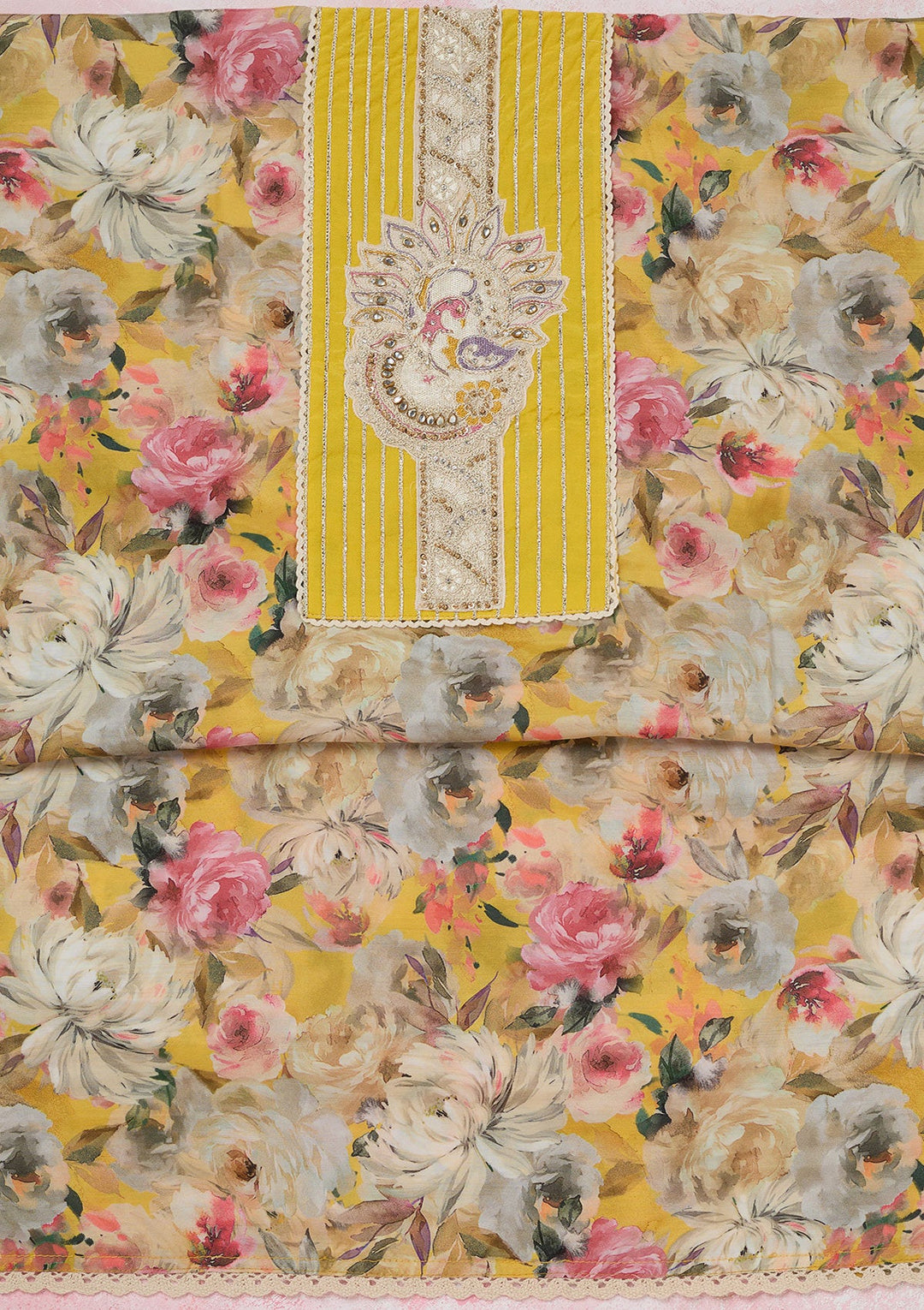 Yellow Threadwork Cotton Unstitched Salwar Suit-koskii