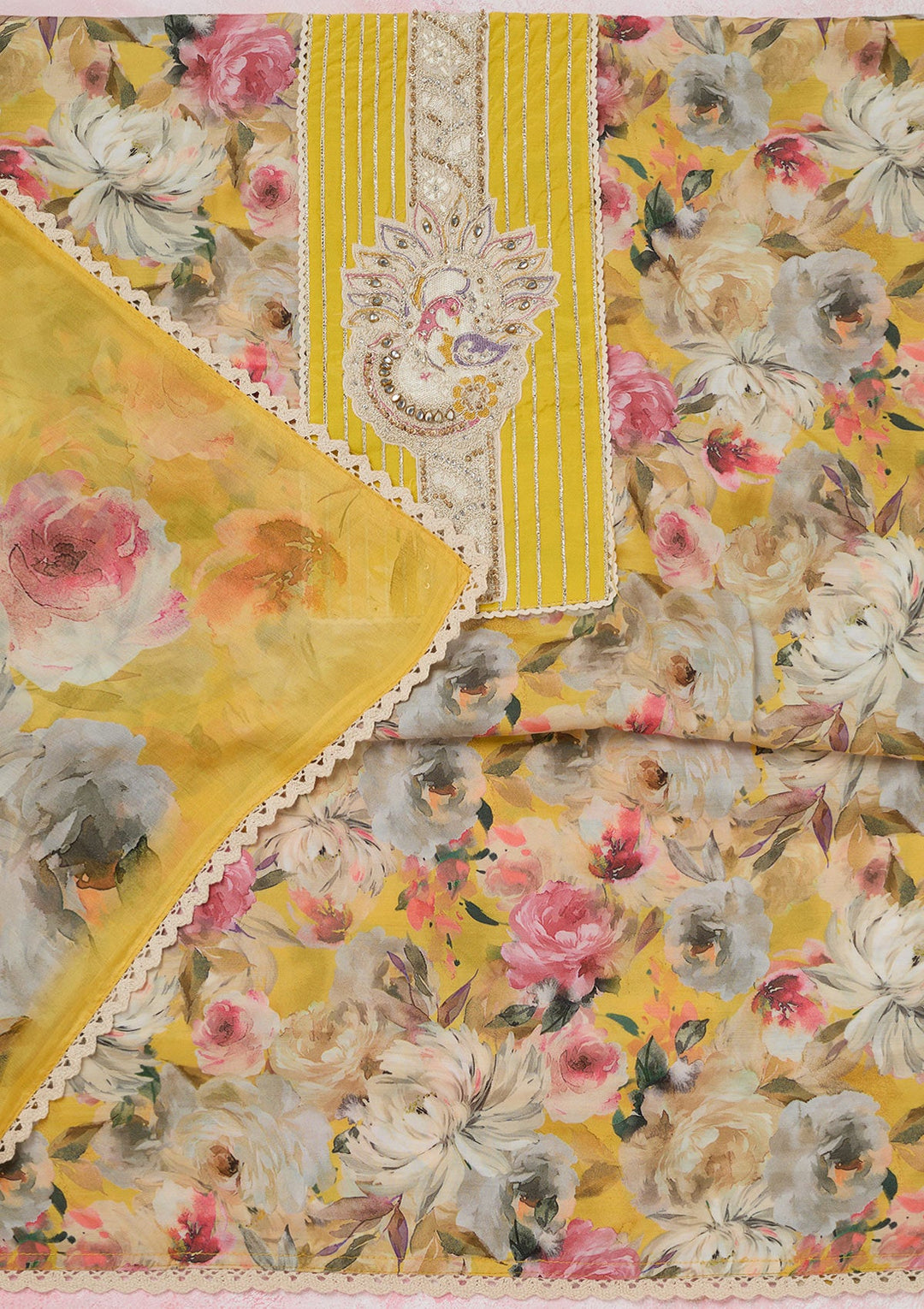 Yellow Threadwork Cotton Unstitched Salwar Suit-koskii