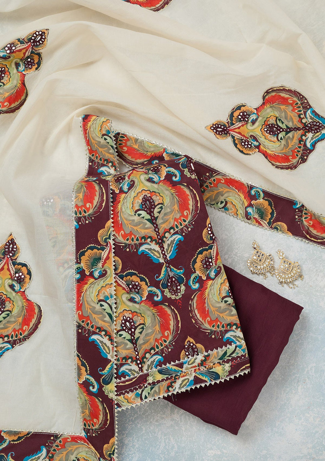 Brown Threadwork Cotton Unstitched Salwar Suit-koskii