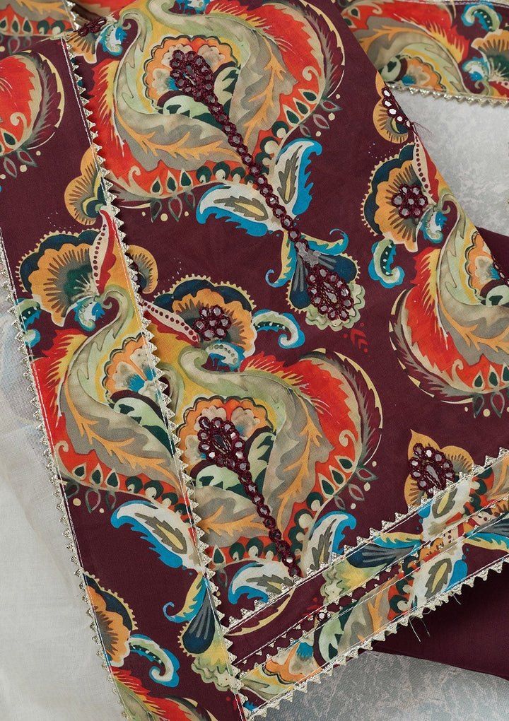 Brown Threadwork Cotton Unstitched Salwar Suit-koskii