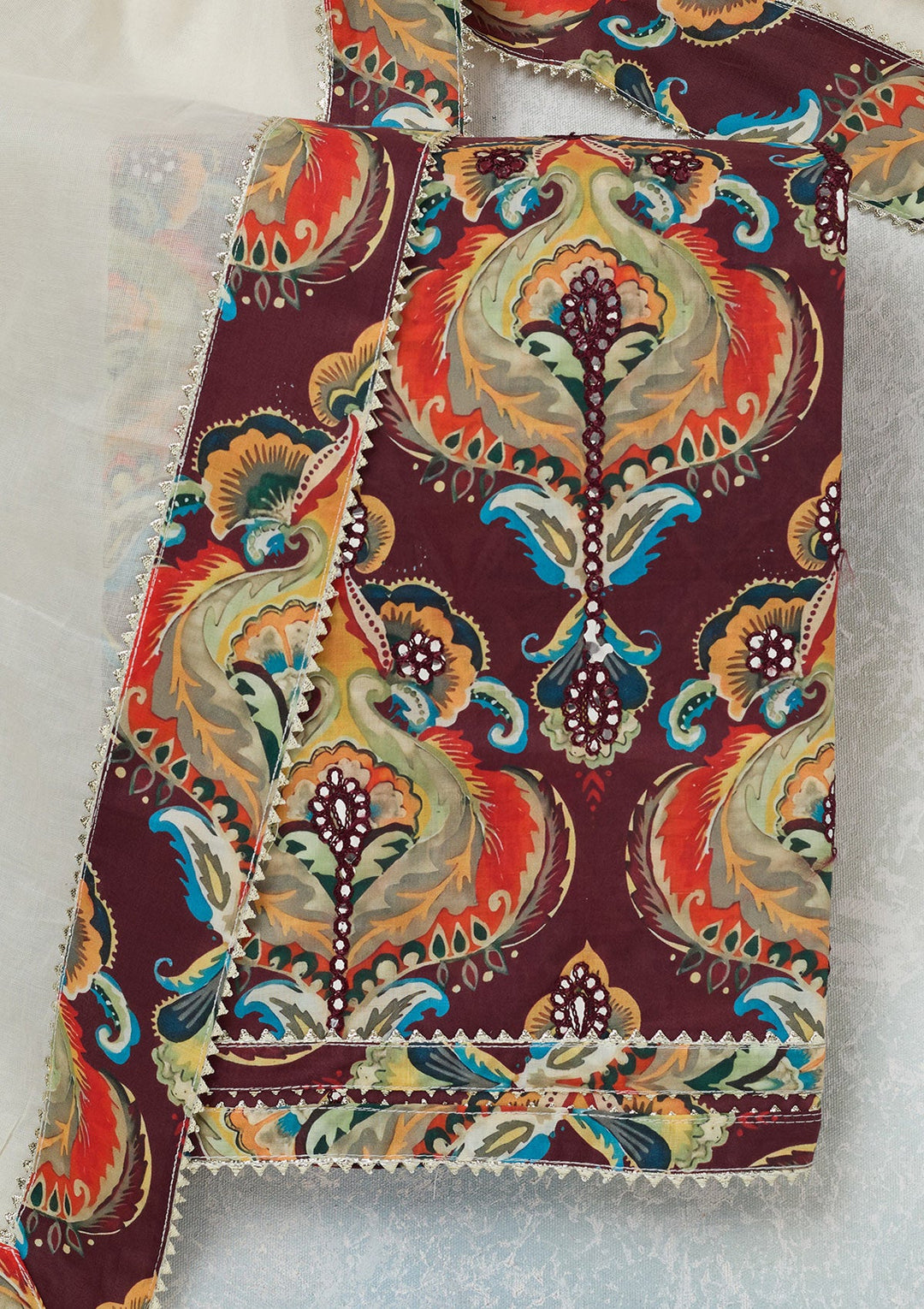 Brown Threadwork Cotton Unstitched Salwar Suit-koskii