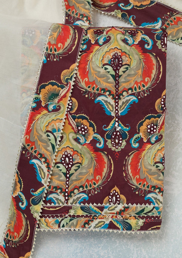 Brown Threadwork Cotton Unstitched Salwar Suit-koskii