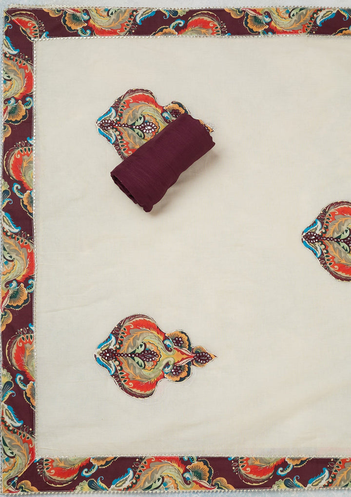 Brown Threadwork Cotton Unstitched Salwar Suit-koskii