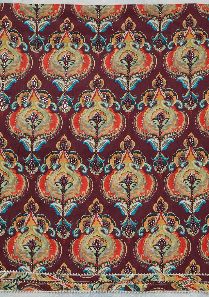 Brown Threadwork Cotton Unstitched Salwar Suit-koskii