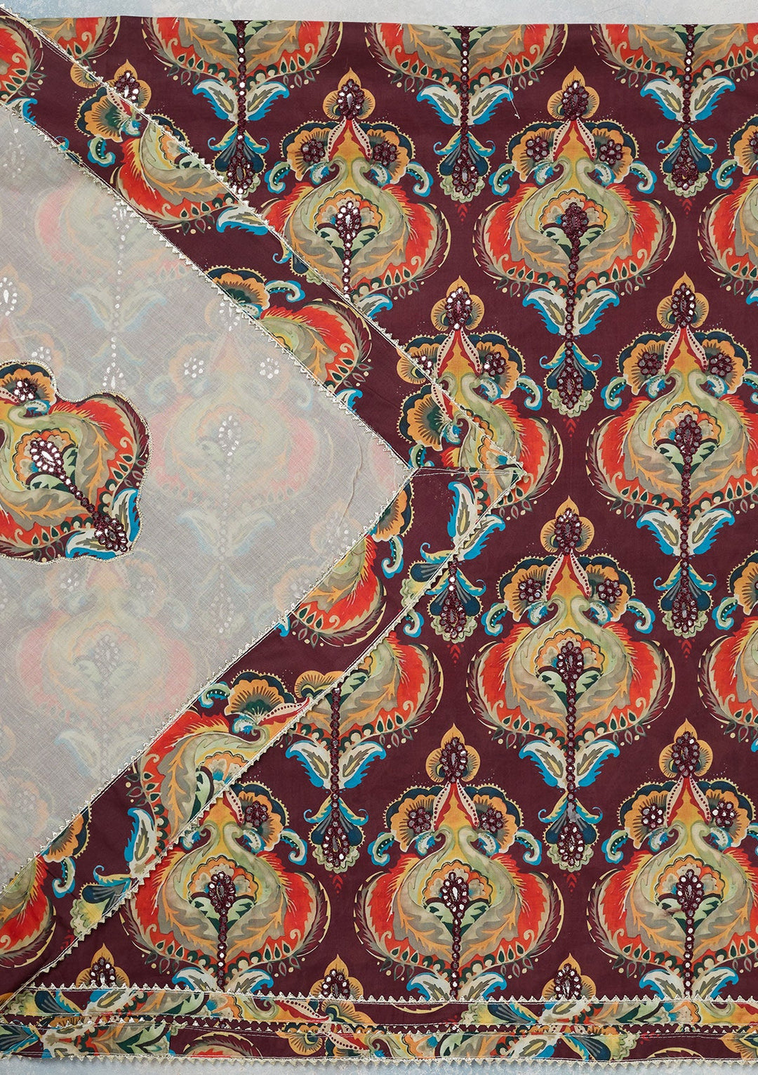 Brown Threadwork Cotton Unstitched Salwar Suit-koskii