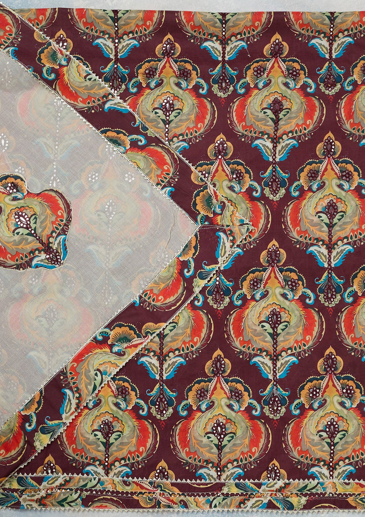 Brown Threadwork Cotton Unstitched Salwar Suit-koskii