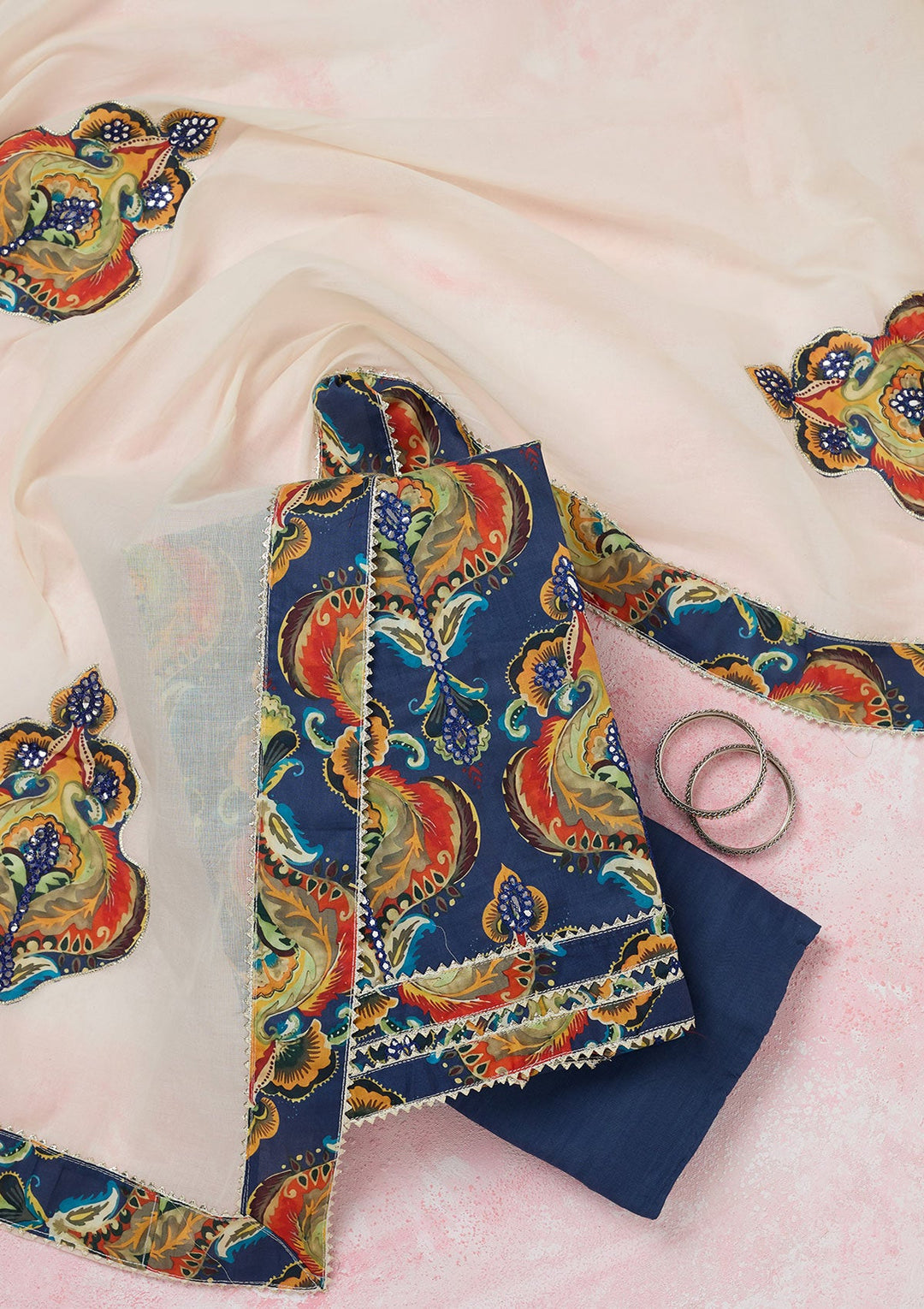 Peacock Blue Threadwork Cotton Unstitched Salwar Suit-koskii