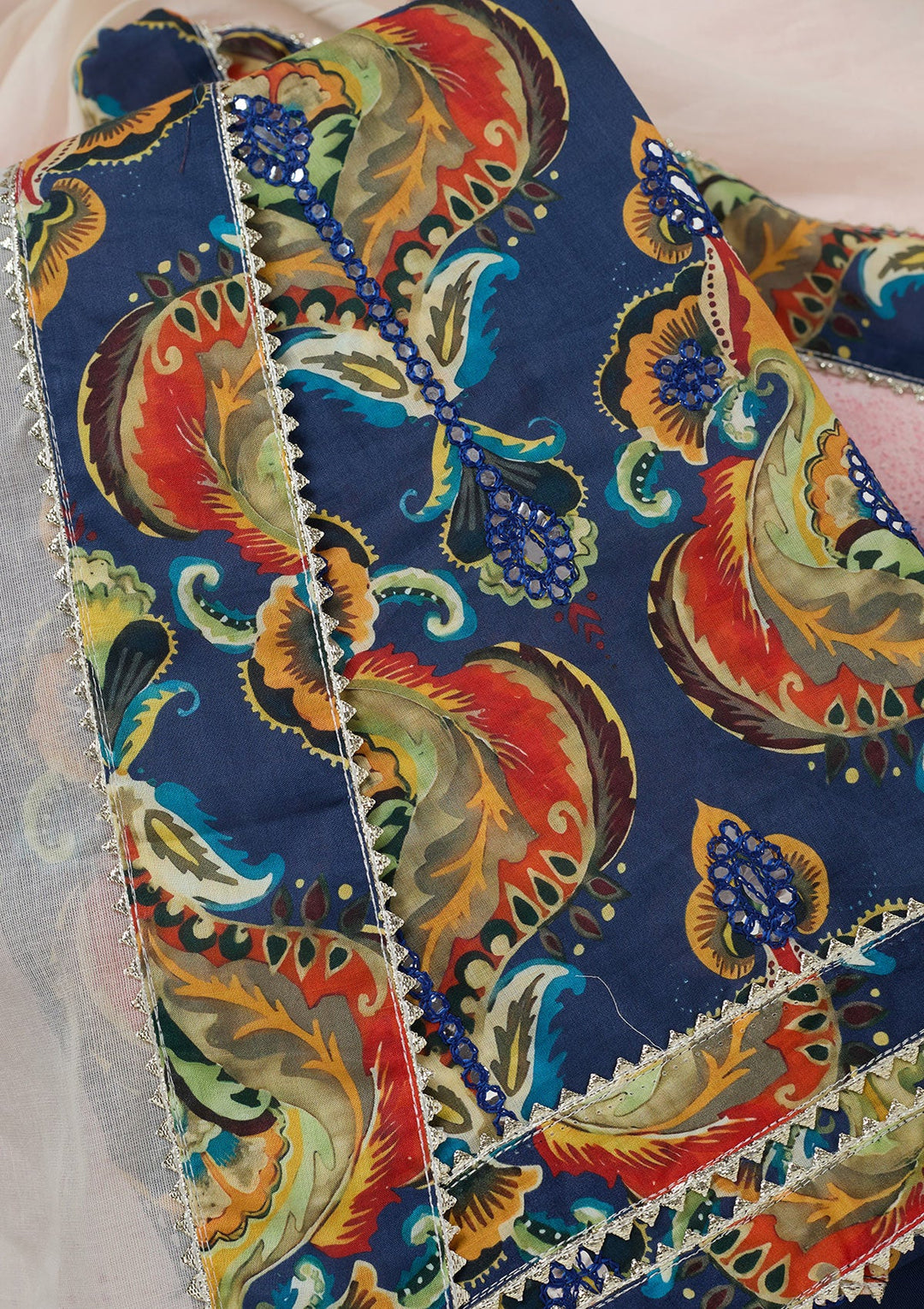 Peacock Blue Threadwork Cotton Unstitched Salwar Suit-koskii