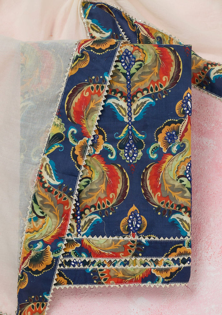 Peacock Blue Threadwork Cotton Unstitched Salwar Suit-koskii