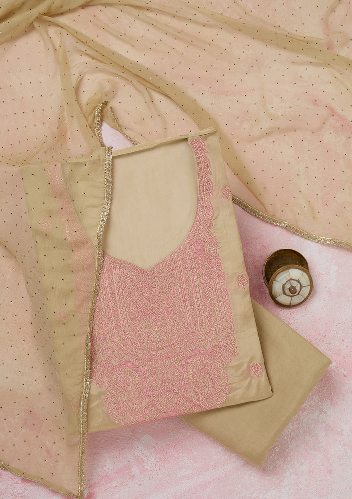 Beige Threadwork Semi Crepe Unstitched Salwar Suit-koskii