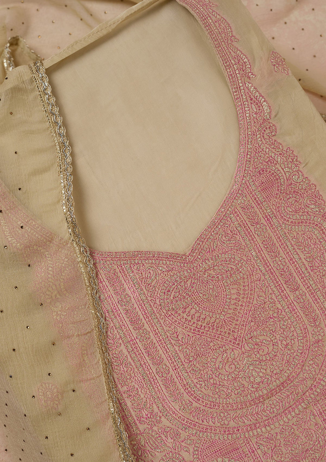 Beige Threadwork Semi Crepe Unstitched Salwar Suit-koskii