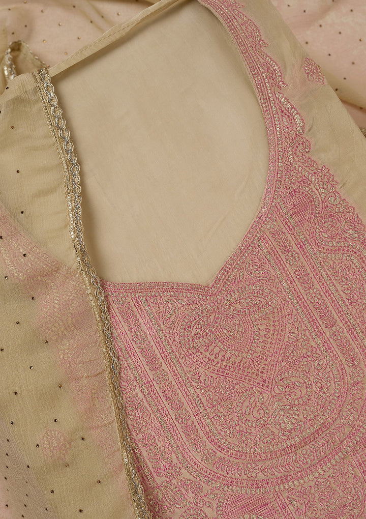 Beige Threadwork Semi Crepe Unstitched Salwar Suit-koskii