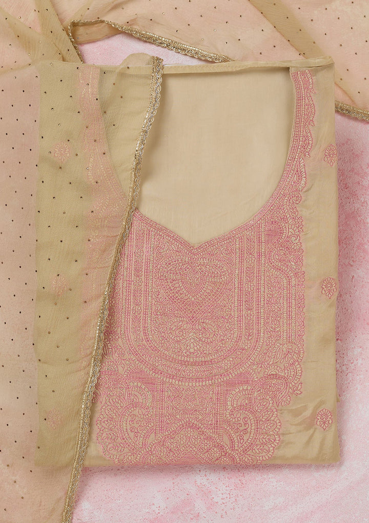 Beige Threadwork Semi Crepe Unstitched Salwar Suit-koskii