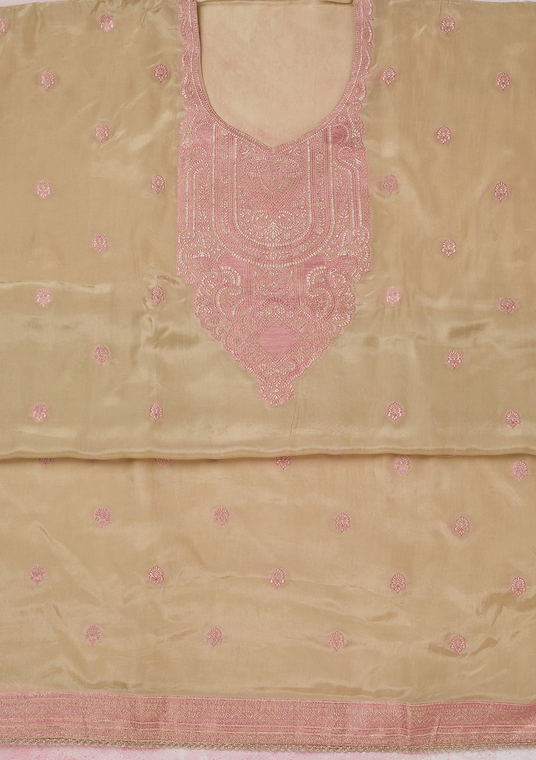 Beige Threadwork Semi Crepe Unstitched Salwar Suit-koskii