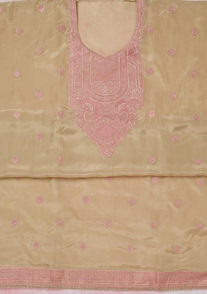 Beige Threadwork Semi Crepe Unstitched Salwar Suit-koskii