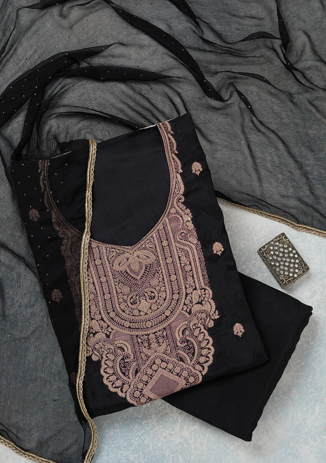 Black Threadwork Semi Crepe Unstitched Salwar Suit-koskii