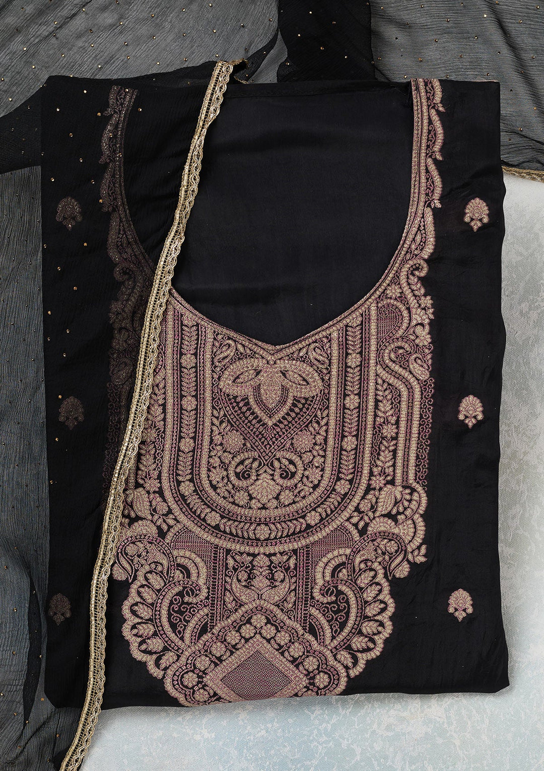 Black Threadwork Semi Crepe Unstitched Salwar Suit-koskii