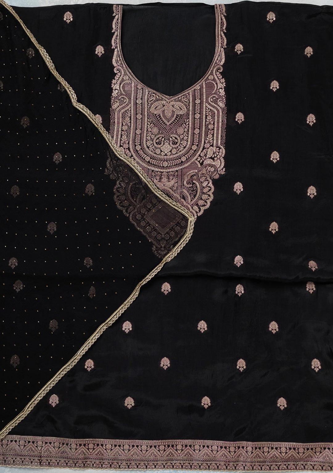 Black Threadwork Semi Crepe Unstitched Salwar Suit-koskii