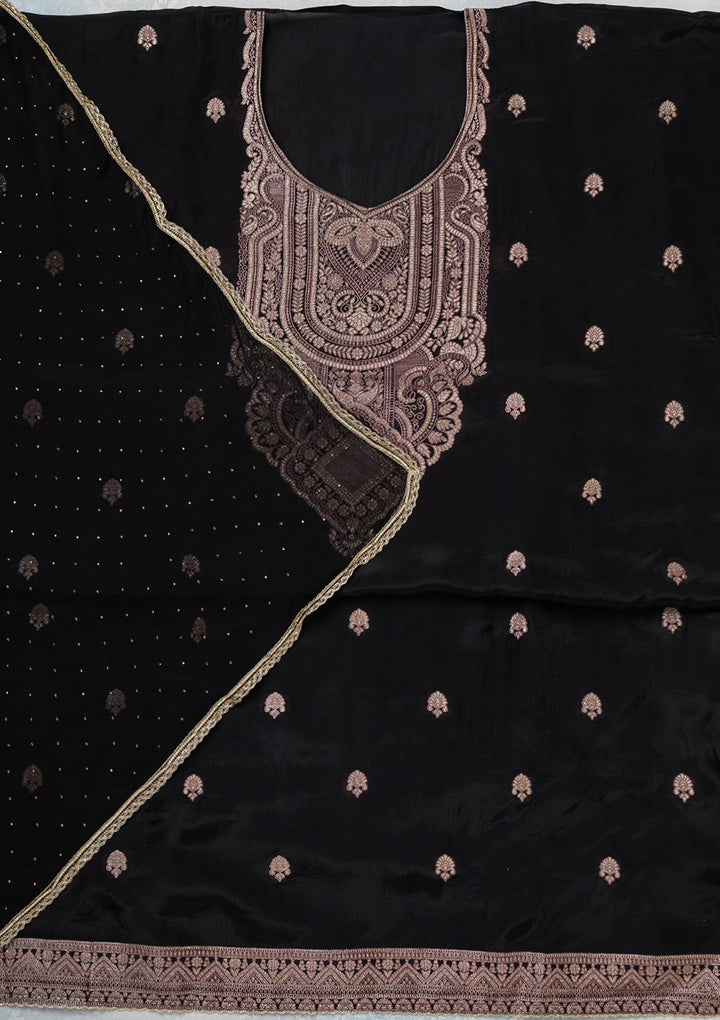 Black Threadwork Semi Crepe Unstitched Salwar Suit-koskii