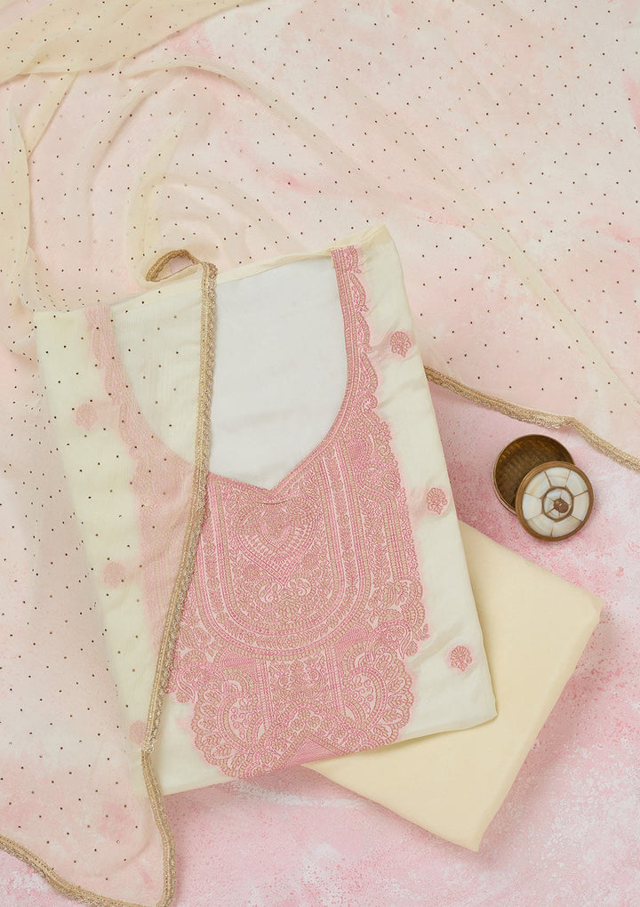 Cream Threadwork Semi Crepe Unstitched Salwar Suit-koskii