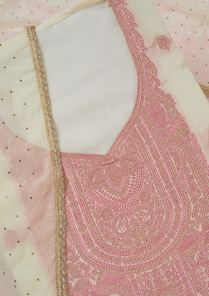 Cream Threadwork Semi Crepe Unstitched Salwar Suit-koskii