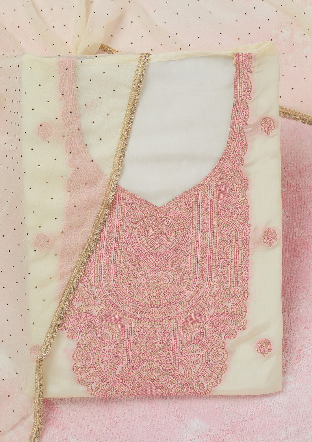 Cream Threadwork Semi Crepe Unstitched Salwar Suit-koskii