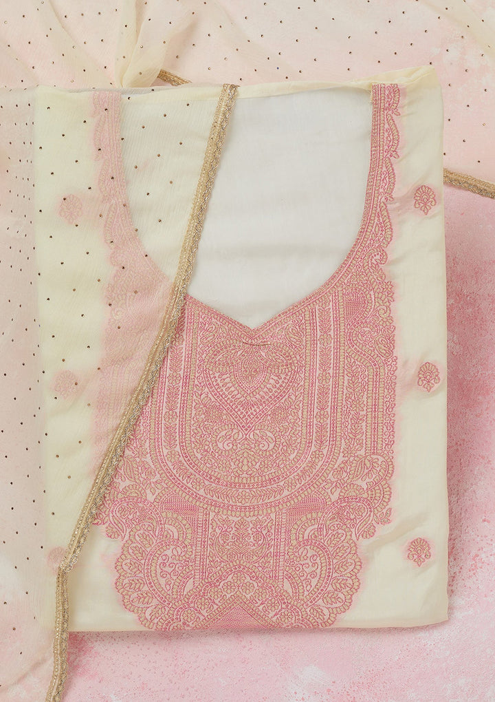 Cream Threadwork Semi Crepe Unstitched Salwar Suit-koskii