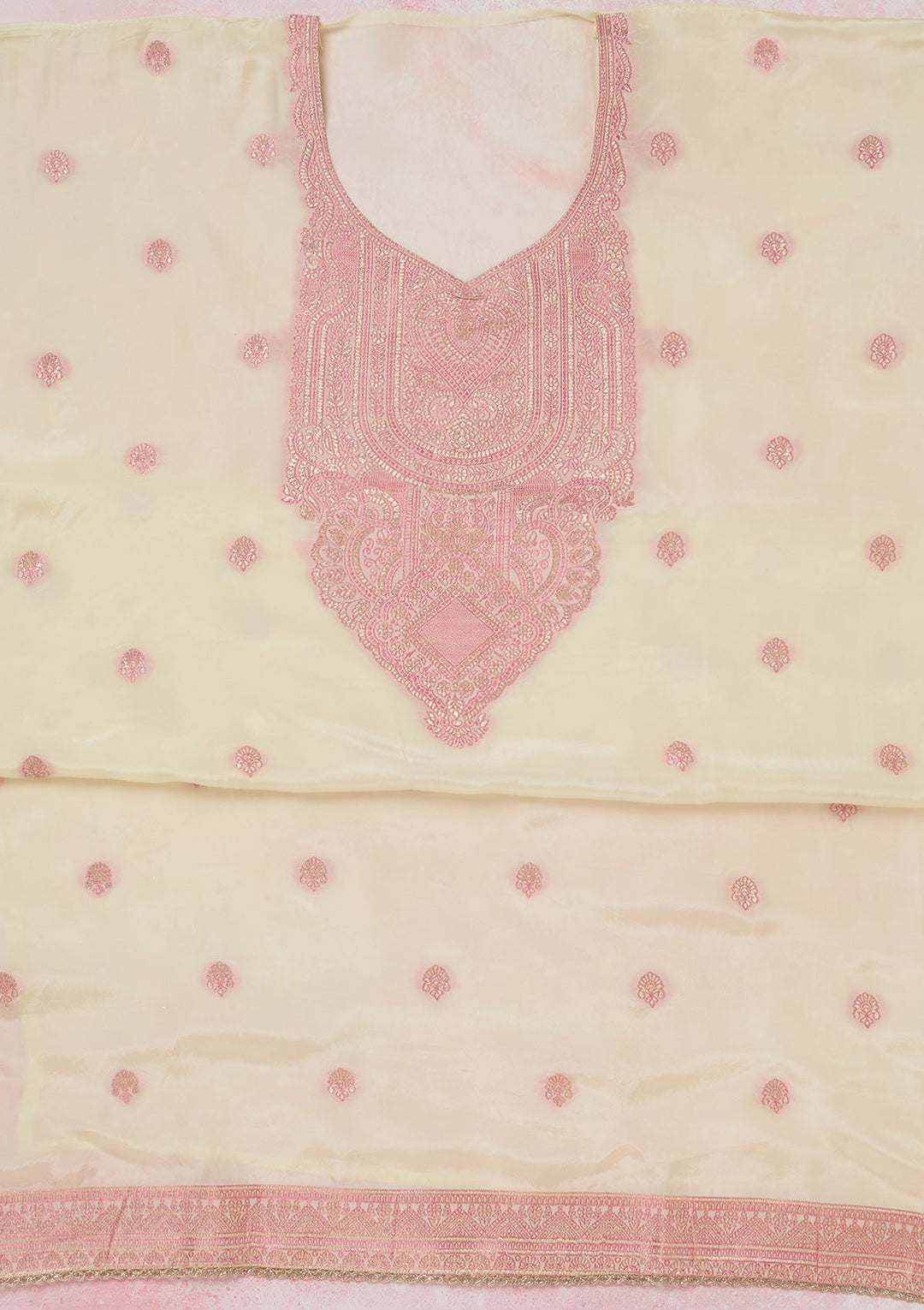 Cream Threadwork Semi Crepe Unstitched Salwar Suit-koskii