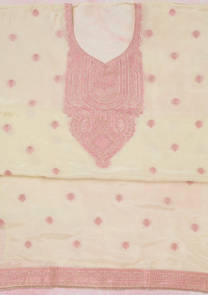 Cream Threadwork Semi Crepe Unstitched Salwar Suit-koskii
