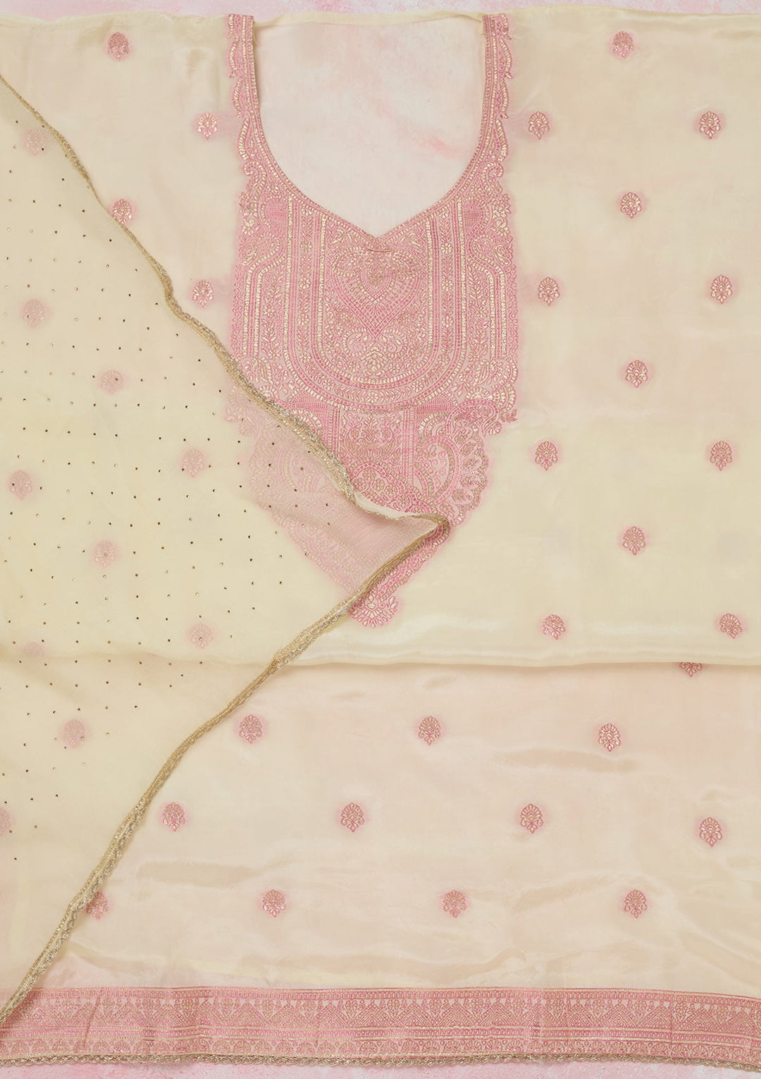 Cream Threadwork Semi Crepe Unstitched Salwar Suit-koskii