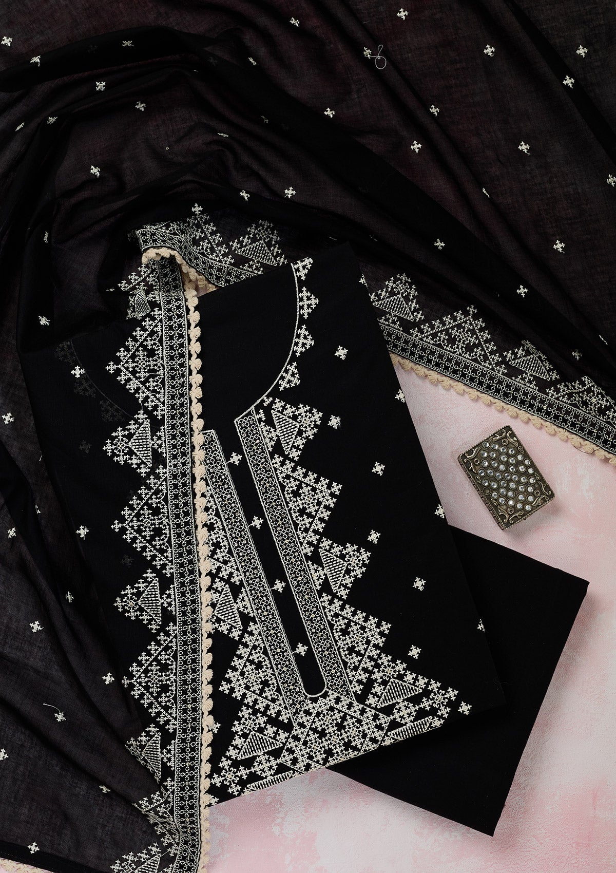 Black Threadwork Semi Crepe Unstitched Salwar Suit-Koskii