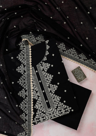 Black Threadwork Semi Crepe Unstitched Salwar Suit-Koskii