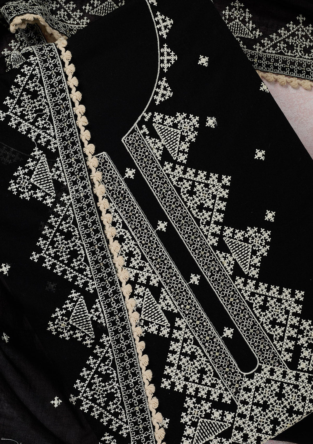 Black Threadwork Semi Crepe Unstitched Salwar Suit-Koskii
