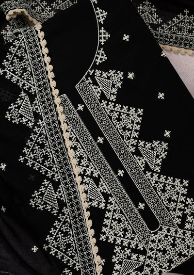 Black Threadwork Semi Crepe Unstitched Salwar Suit-Koskii
