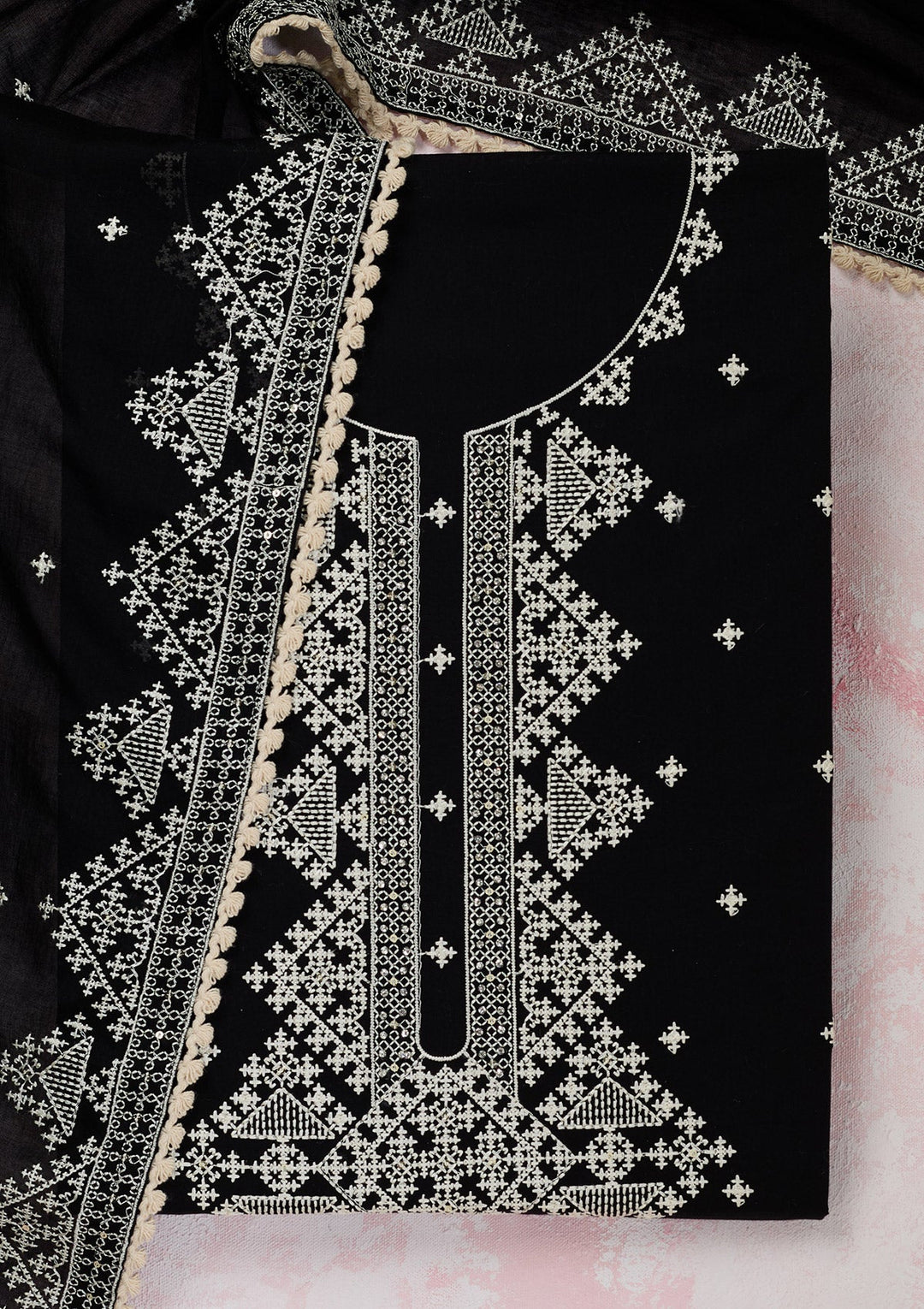 Black Threadwork Semi Crepe Unstitched Salwar Suit-Koskii