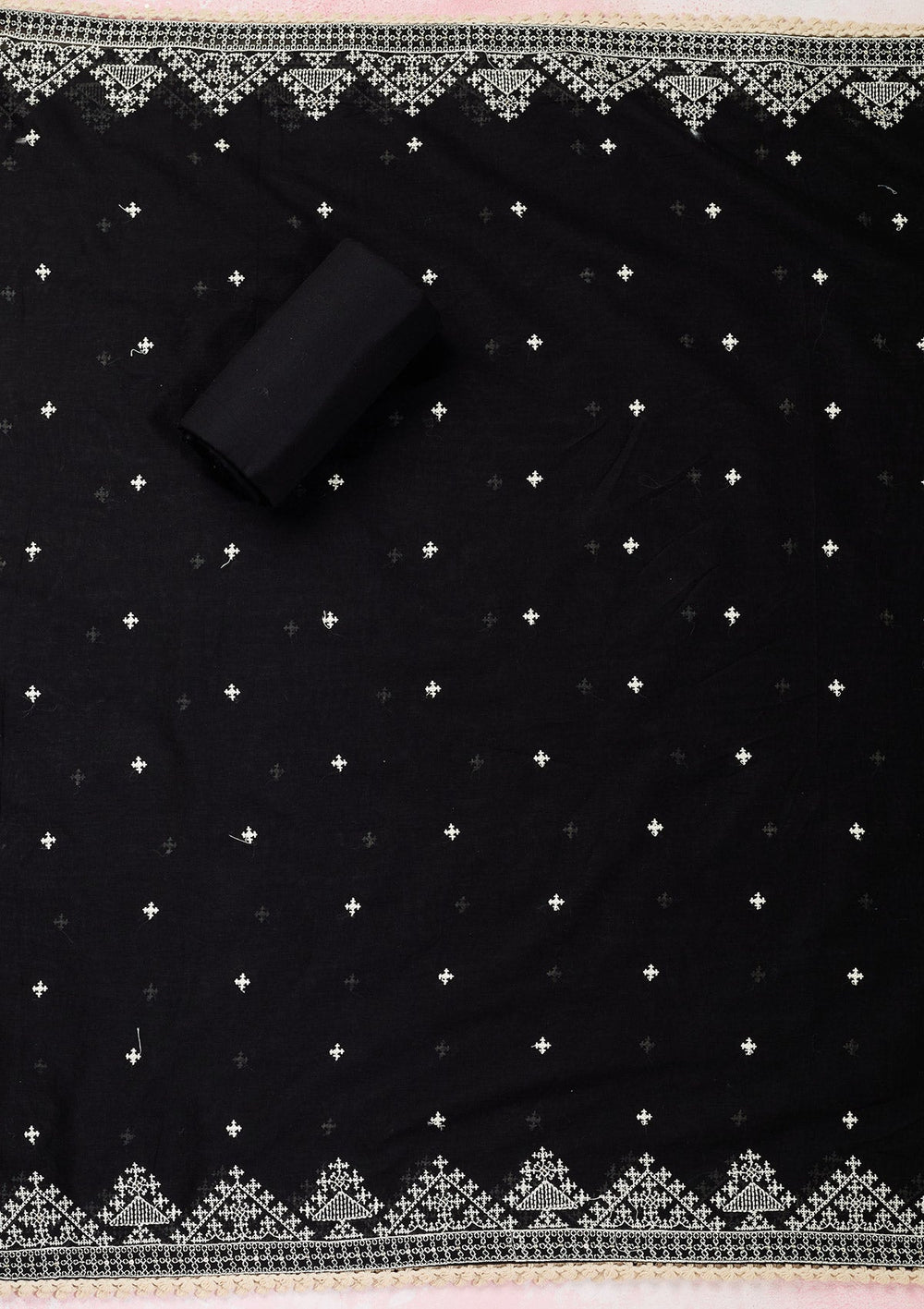 Black Threadwork Semi Crepe Unstitched Salwar Suit-Koskii