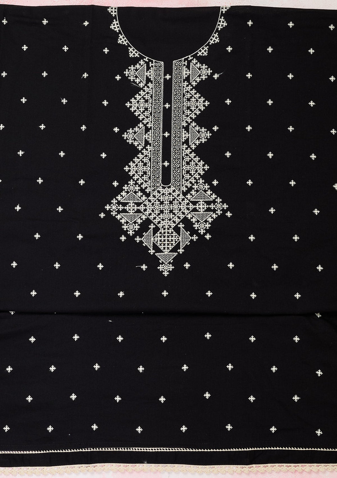 Black Threadwork Semi Crepe Unstitched Salwar Suit-Koskii