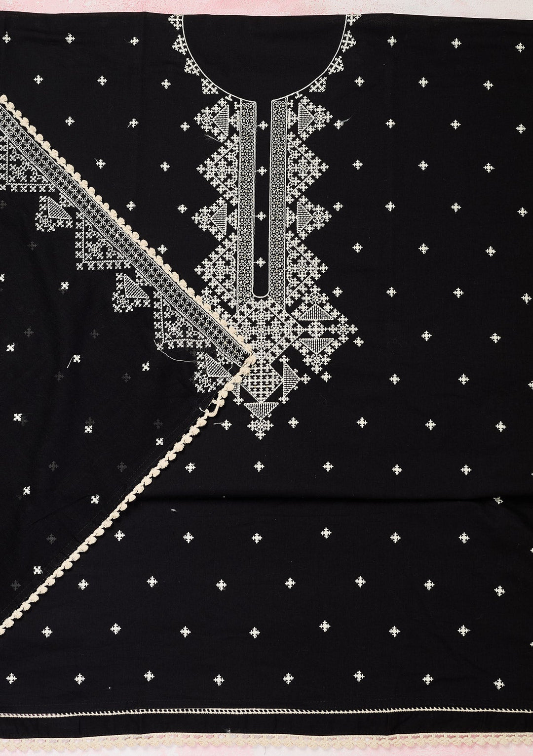 Black Threadwork Semi Crepe Unstitched Salwar Suit-Koskii