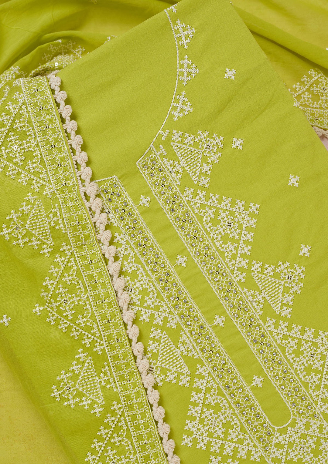 Lime Green Threadwork Semi Crepe Unstitched Salwar Suit-koskii