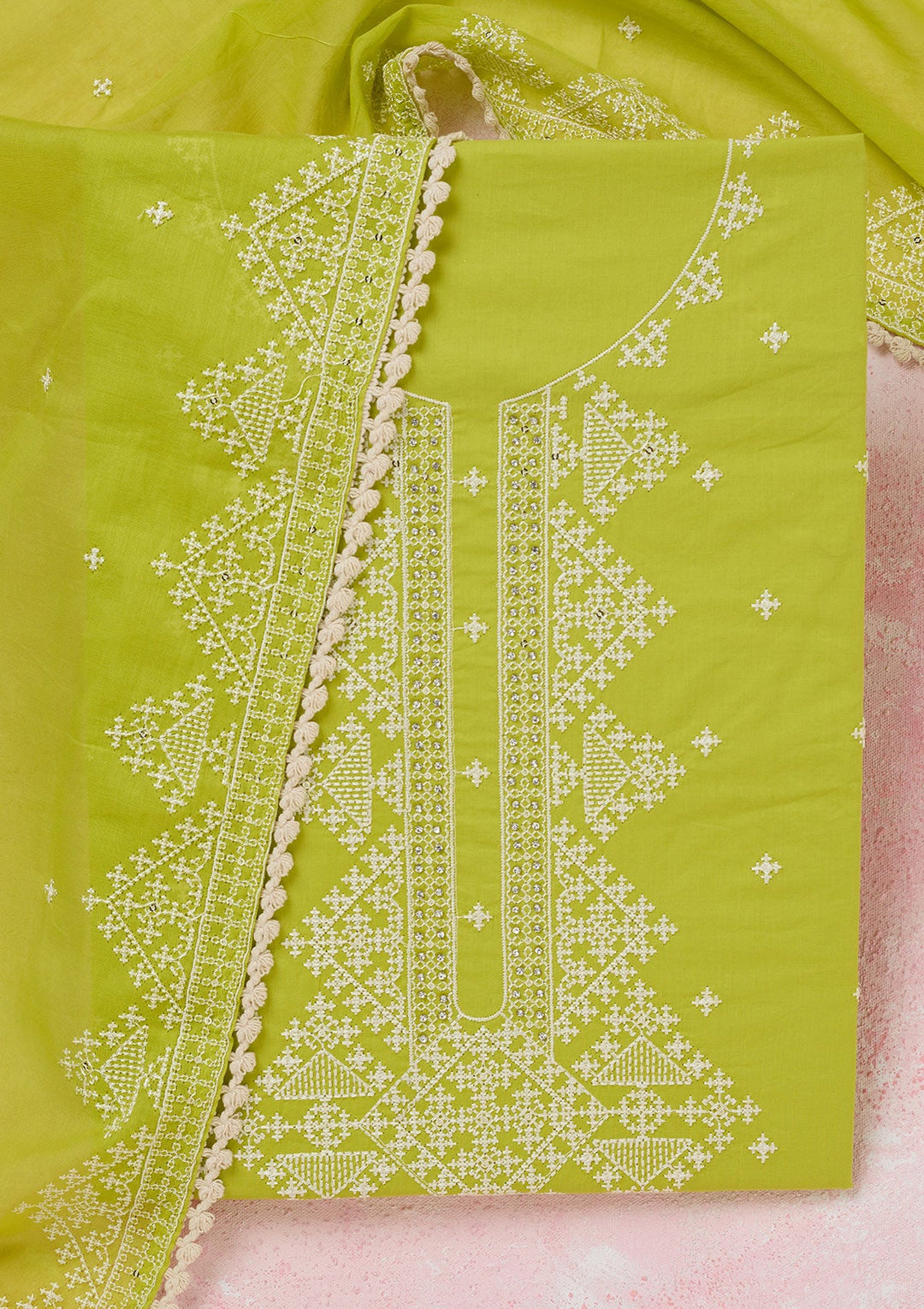 Lime Green Threadwork Semi Crepe Unstitched Salwar Suit-koskii
