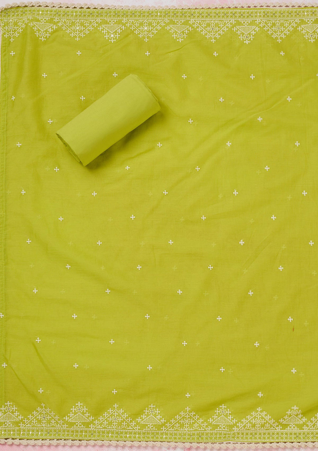 Lime Green Threadwork Semi Crepe Unstitched Salwar Suit-koskii