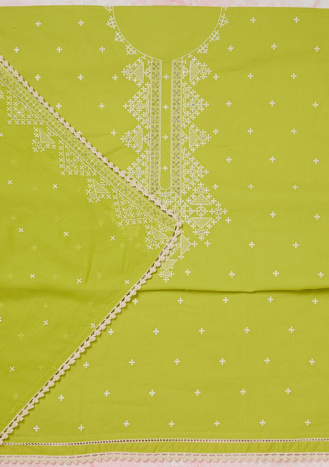 Lime Green Threadwork Semi Crepe Unstitched Salwar Suit-koskii